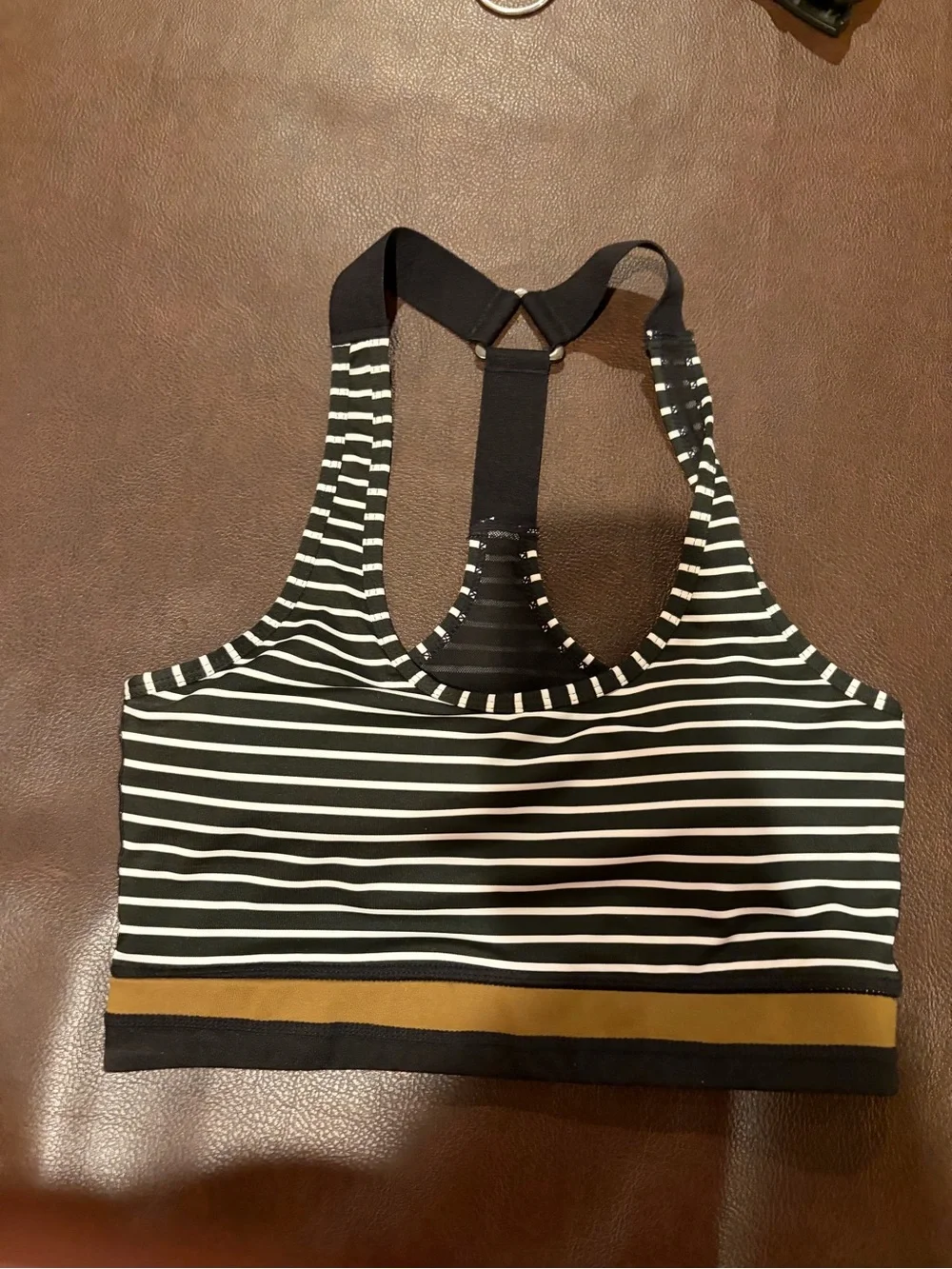 Mono B Black & White Striped Racerback Sports Bra with Gold Band
